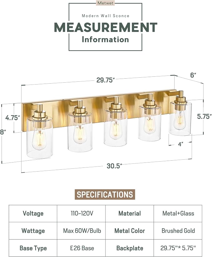 5-Light Bathroom Light Fixtures, 30 Inch Brushed Gold Vanity Light - Image 2