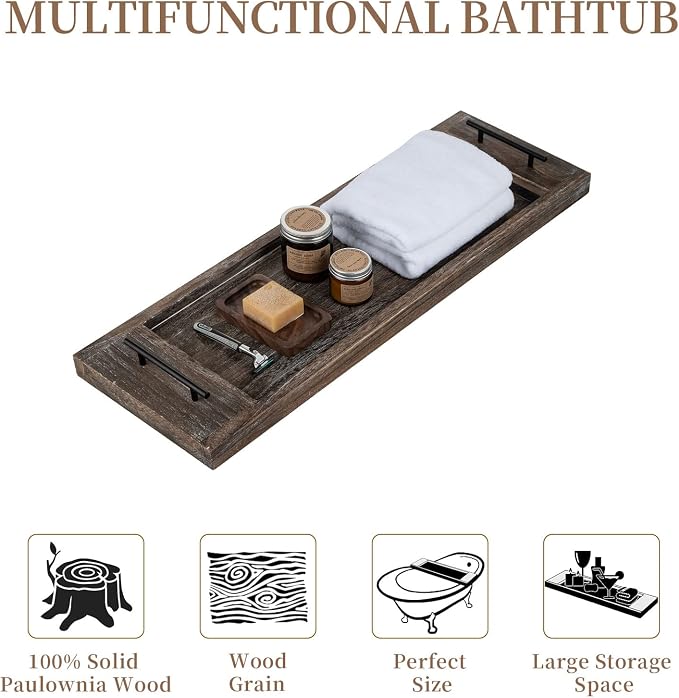 Hanobe Bathtub Tray Bath Caddy: Wood Tub Trays Table Extra Large Rustic Bathtub - Image 9
