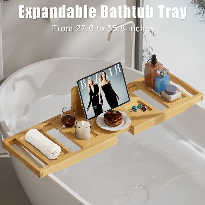 Bathtub Tray Caddy, Premium Bamboo Expandable Bath Tub Trays Table, Foldable - Image 2