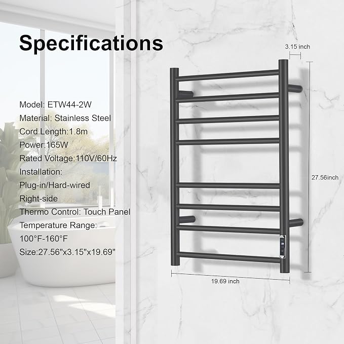 Towel Warmer Bathroom Wall Mounted Drying Rack Plug-in Electric Heated Towel - Image 3