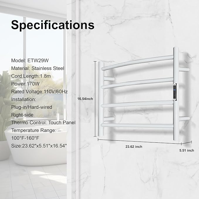 Towel Warmer with Built-in Timer Bathroom Wall Mounted Bath Towel Heater - Image 3