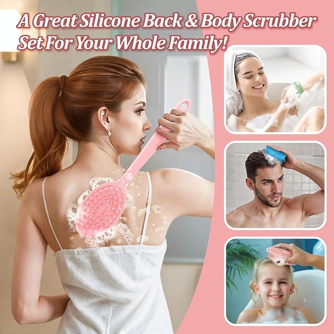 Silicone Back & Face Scrubber & Bath Glove Set 3PCS, 13.4'' Gentle Back Scrubber - Image 9
