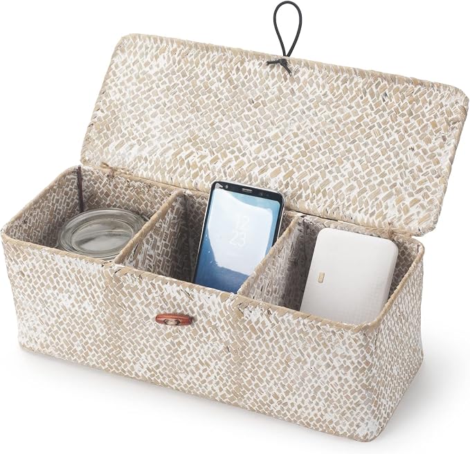 Seagrass Storage Basket with Lid Rectangular Small Woven Shelf Baskets with - Image 3