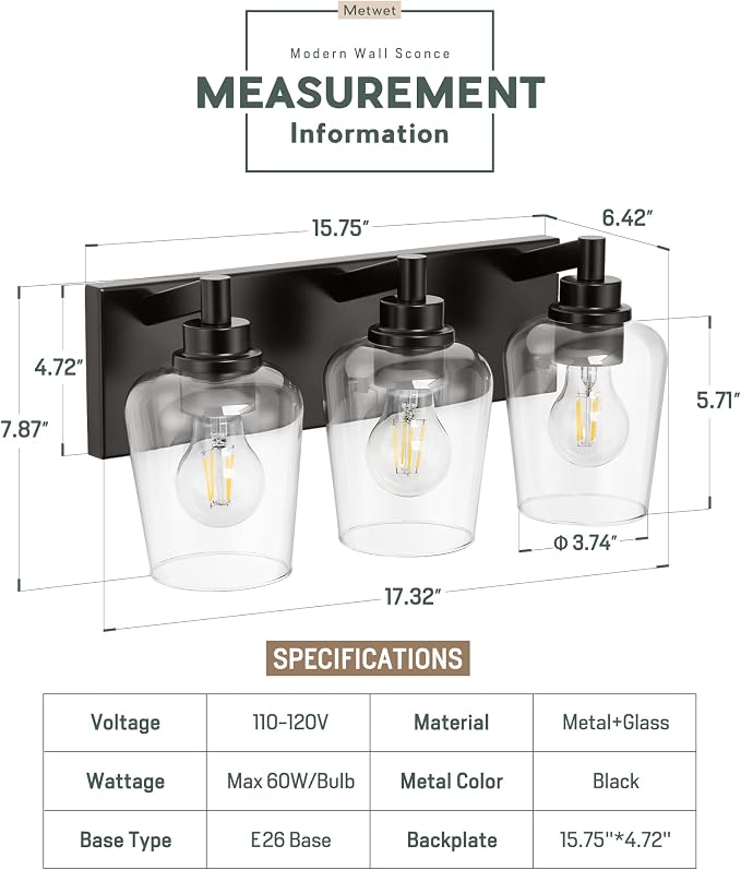 Bathroom Light Fixtures, 3-Light Modern Vanity Light - Image 3