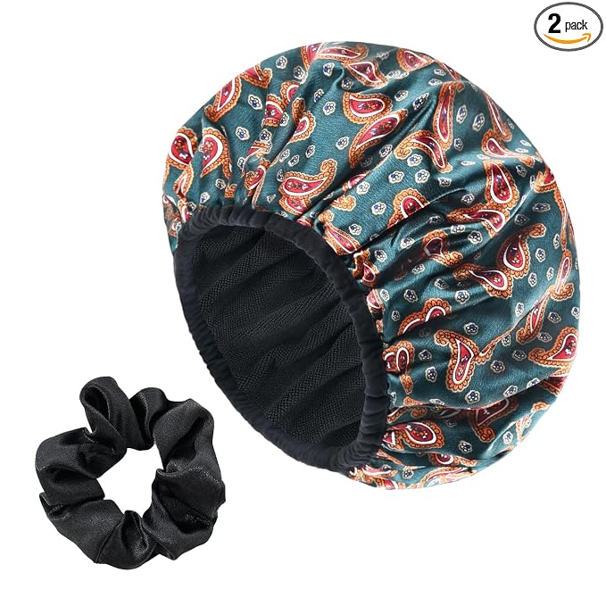Paisley Satin Shower Cap, Three-Layer Terry Cloth Lined, by Yonchic