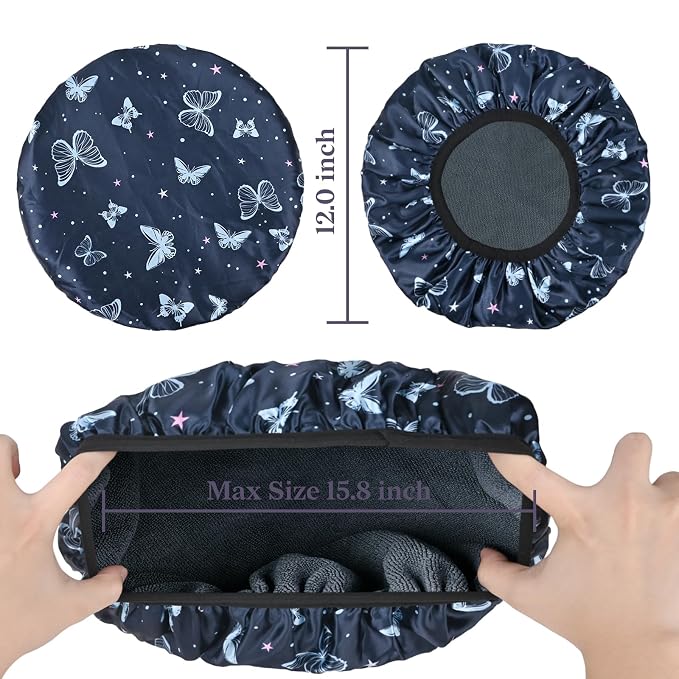 Blue Butterfly Print Satin Shower Cap, Three-Layer Terry Cloth Lined, - Image 2