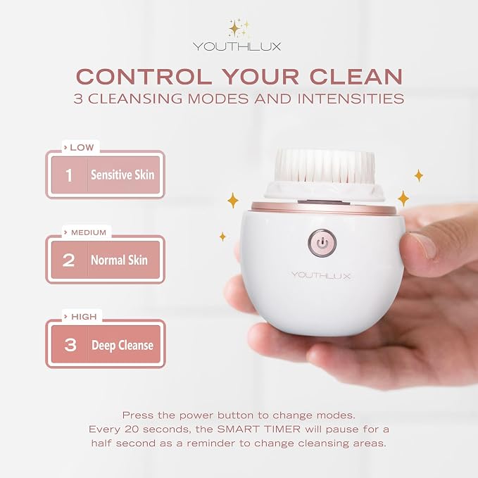 YouthLab Pure Radiance, Vibrating Facial Cleansing Brush, 3 Modes, 3 Brush Heads - Image 4