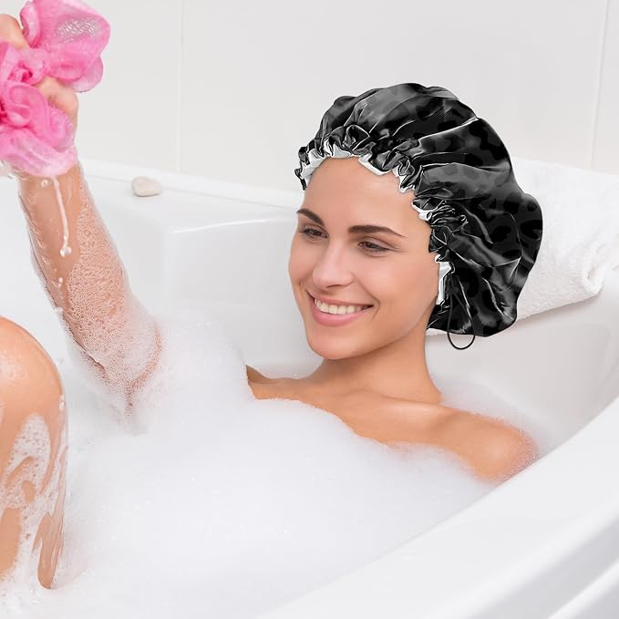 2 PCS Shower Cap Waterproof Double Layer Elastic Adjustable Reusable Hair Bath - Image 7