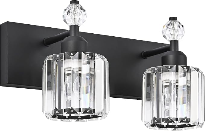 PRESDE 2-Light Crystal Bathroom Lights Fixtures Modern Matte Black Wall by HOME
