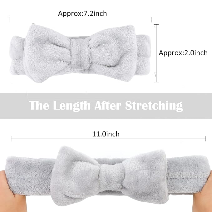 Casoty 6 Pcs Grey Spa Headband, Bow Hair Band, Soft Coral Fleece Makeup Headband - Image 2
