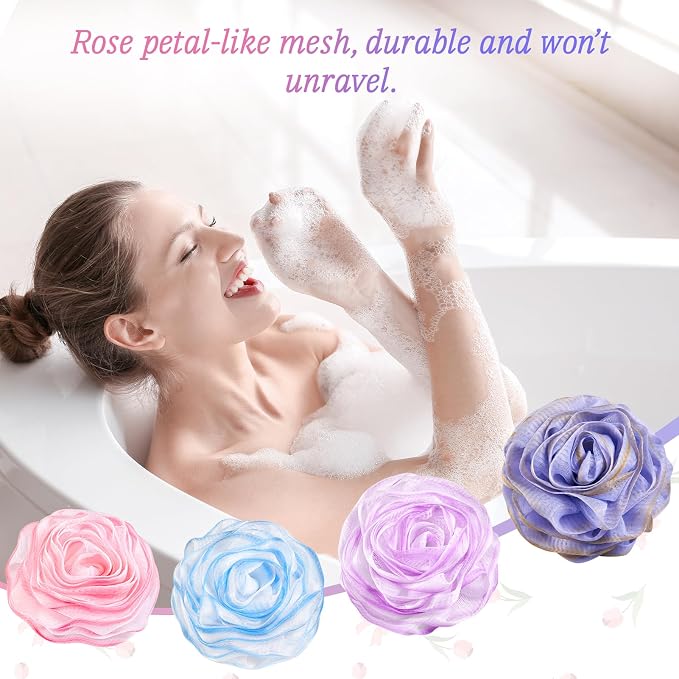 LAYUKI Bath Loofah, Shower Sponge, Body Scrubber, Rose-Shaped - Image 2