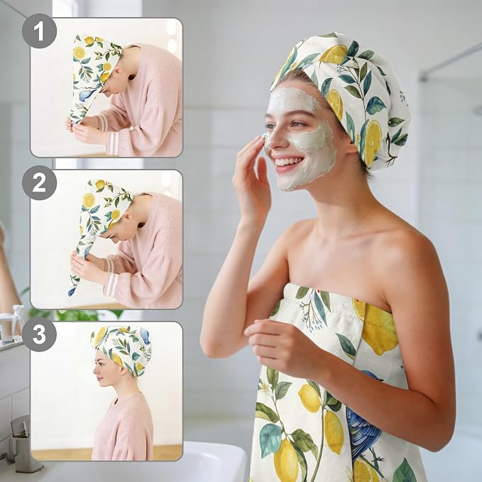 Absorbent Bath Towel Wrap Set for Women, Hummingbird Lemon Print Towel Wrap - Image 6