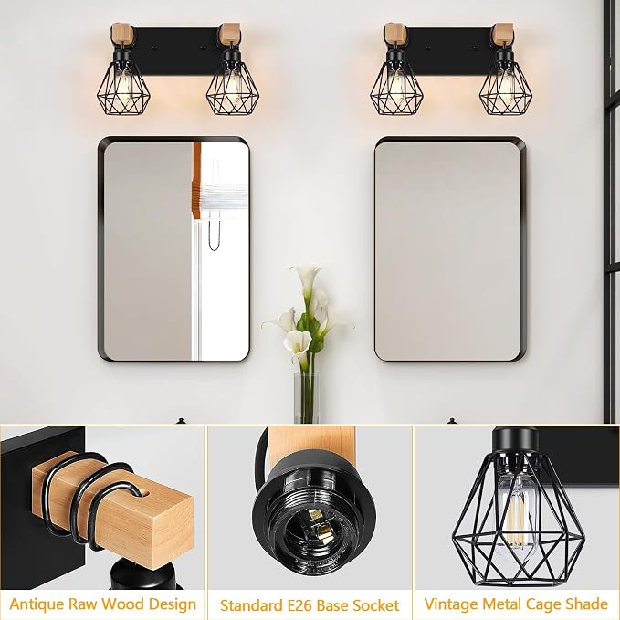 FadimiKoo 2-Light Rustic Style Wood Bathroom Wall Sconce, Farmhouse Vanity - Image 4
