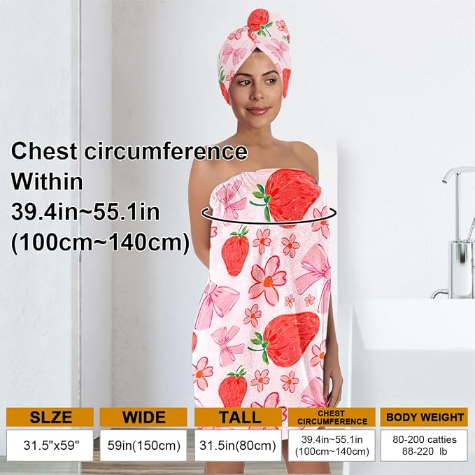 Strawberry Print Bath Wrap and Hair Drying Towel Set – Microfiber Quick Dry - Image 3