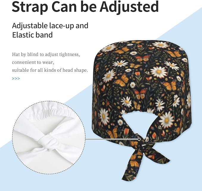 Scrub Cap for Women and Men Boho Black Leaf Pattern Adjustable Breathable - Image 4