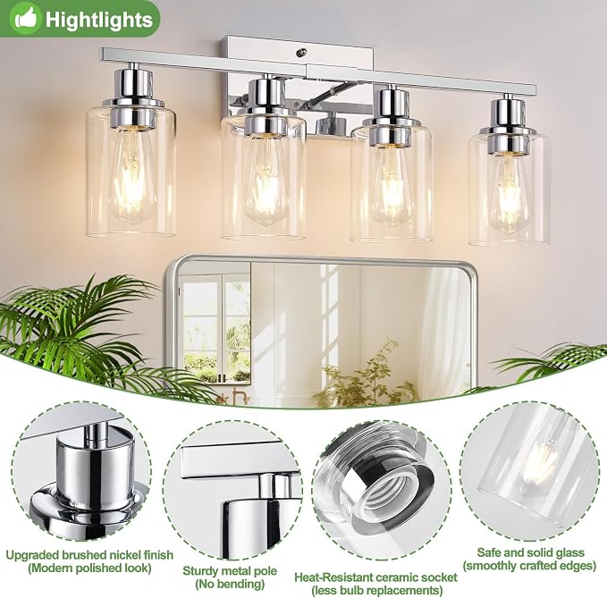 Indoi 4 Light Bathroom Light Fixtures, Chrome Vanity Lights - Image 4