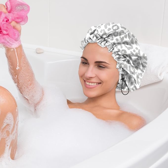 2 PCS Shower Cap Waterproof Double Layer Elastic Adjustable Reusable Hair Bath - Image 7