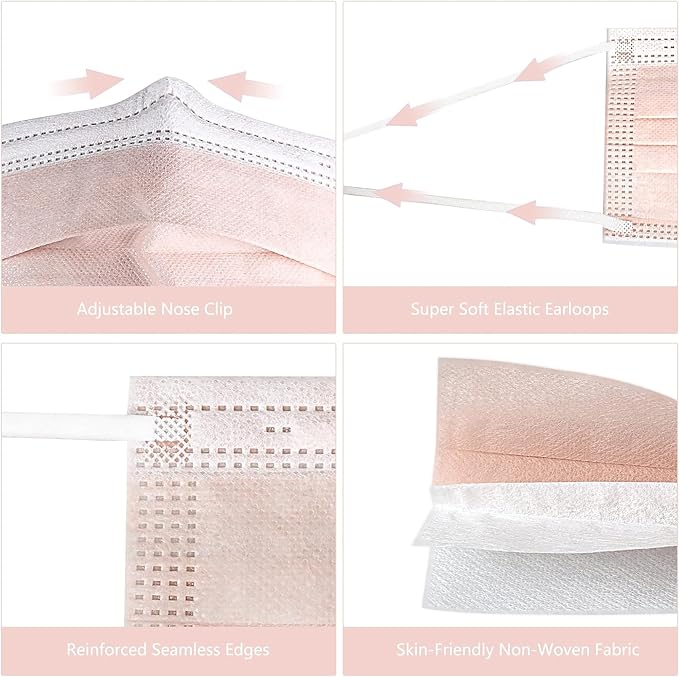 akgk Disposable Face Masks 100Pcs, 3 Layer Protective Face Mask Blush Pink Face - Image 3