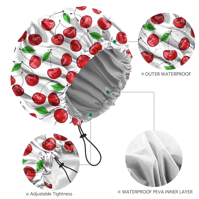 2 PCS Shower Cap Waterproof Double Layer Elastic Adjustable Reusable Hair Bath - Image 3