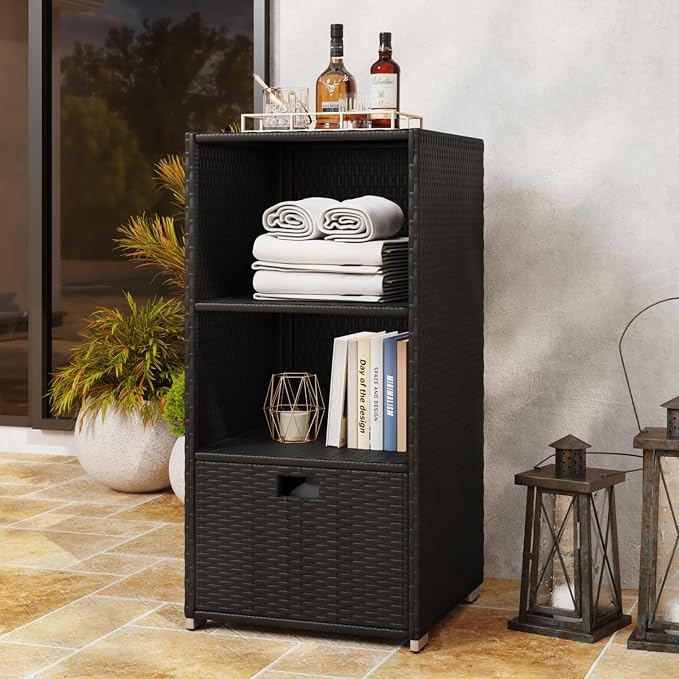 Outdoor Pool Towel Rack Cabinet, Rattan Wicker Pool Storage Bins Storage - Image 2