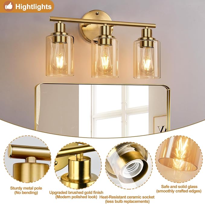 Zarbitta 3-Light Bathroom Light Fixtures, Brushed Gold Vanity Light, Farmhouse - Image 4