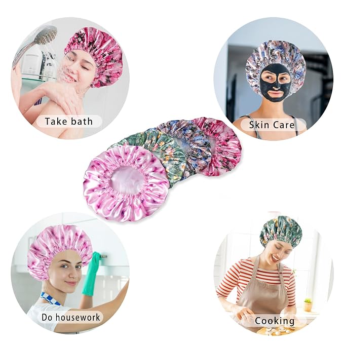 4 PCS Shower Caps for Women, Printing Bath Caps, Double Layers Shower Cap - Image 5