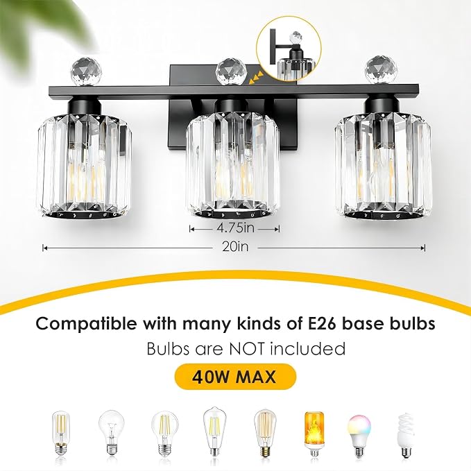 3-Light Black Modern K9 Crystal Vanity Lights - Image 4