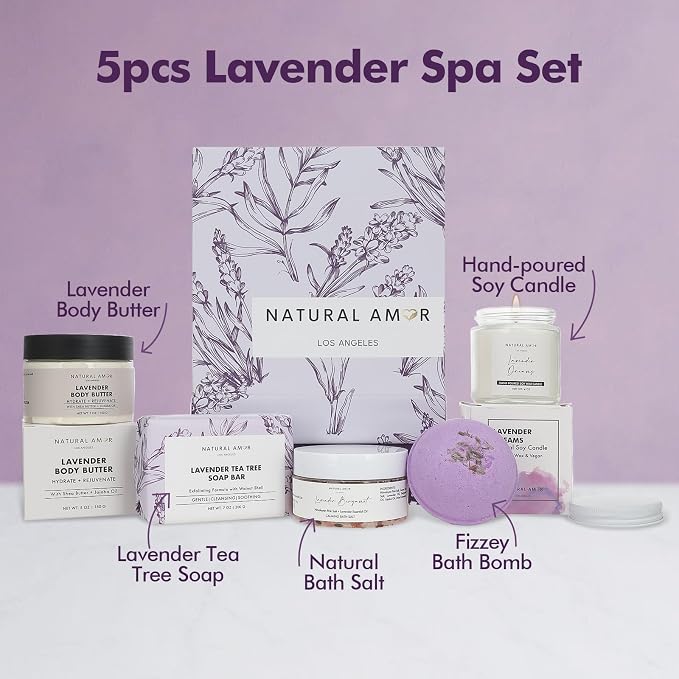 Natural Amor 5-Piece Lavender Spa Gift Set – Bath Bomb, Body Butter, Bar Soap - Image 2