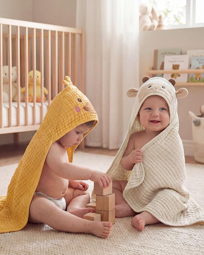 Blissful Diary Muslin Baby Hooded Towel 2 Pack, Soft & Absorbent Bath Towel - Image 7
