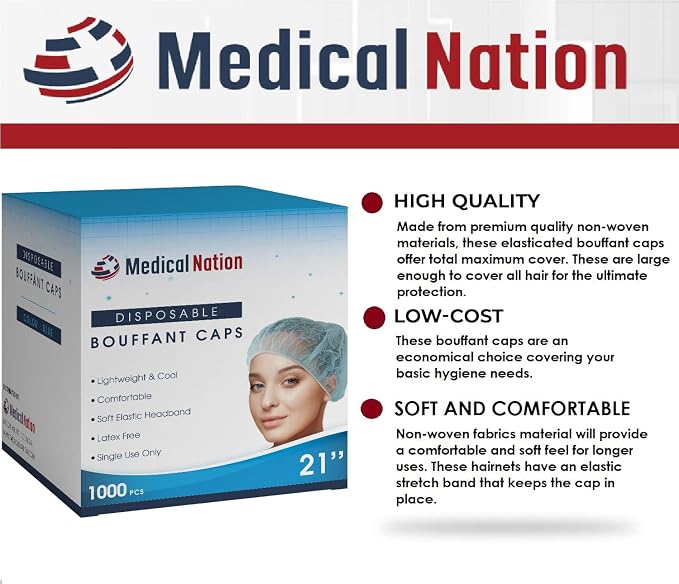Medical Nation 21" Disposable Bouffant Caps Hair Net | CASE OF 1000, - Image 7