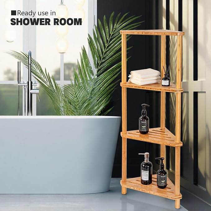 GUGIGP 4-Tier Corner Shower Caddy Stand Bamboo, Standing Corner Shower Shelf - Image 2
