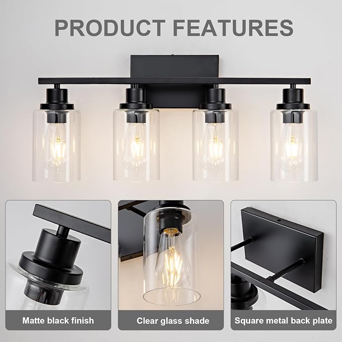 4 Light Black Bathroom Vanity Light Fixture Over Mirror Modern Farmhouse Wall - Image 7