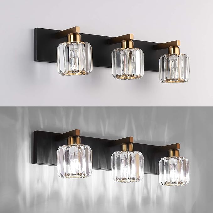 Aipsun Crystal Vanity Light Black Bathroom Vanity Lighting Fixtures 3 Lights - Image 3