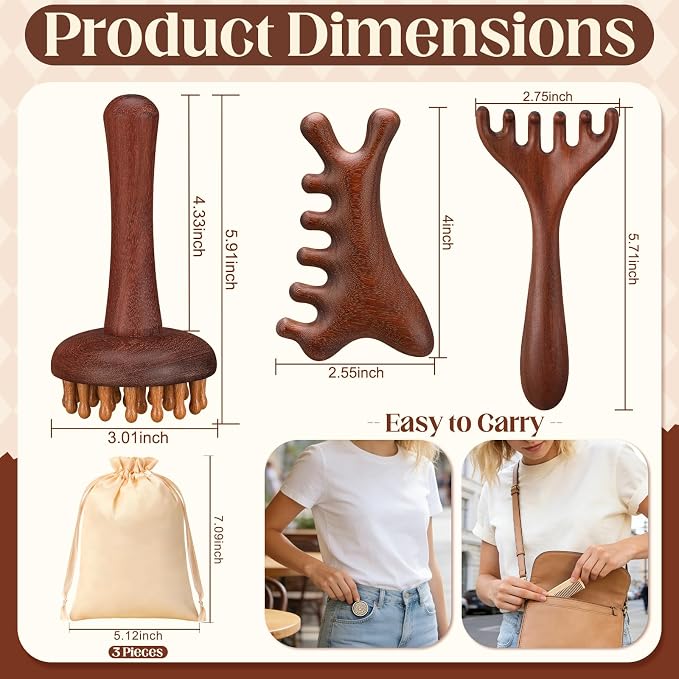 ProSuites 3 Pcs Wooden Head Scalp Massager Comb, Long Handle Head Massage Tool - Image 2