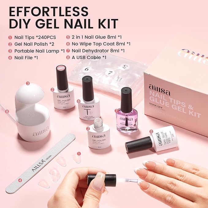 AILLSA Nail Extension Kit Short Almond Nail Tips 240pcs - Image 4