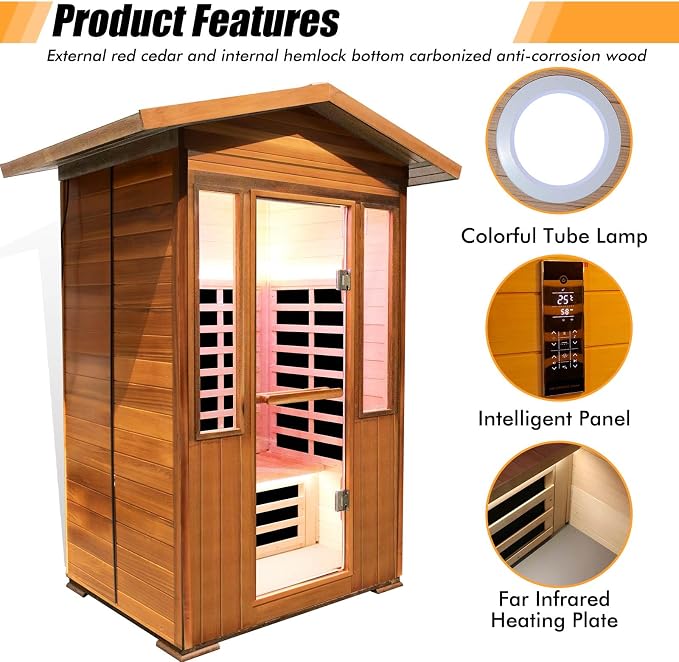 2 Person Outdoor Sauna Infrared Saunas Dry Sauna Room 120V Red Cedar and - Image 5