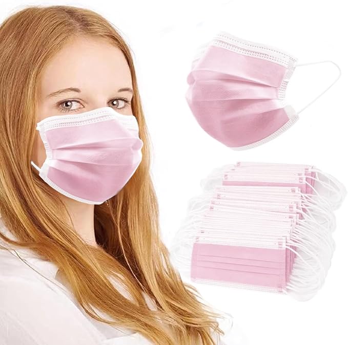 100Pcs Pink Disposable Face Mask, 3 Ply Masks by SDIW
