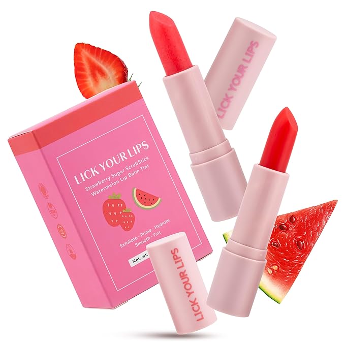 Watermelon Tinted Lip Balm and Strawberry Sugar Lip Scrub Stick Duo by LickYourLips