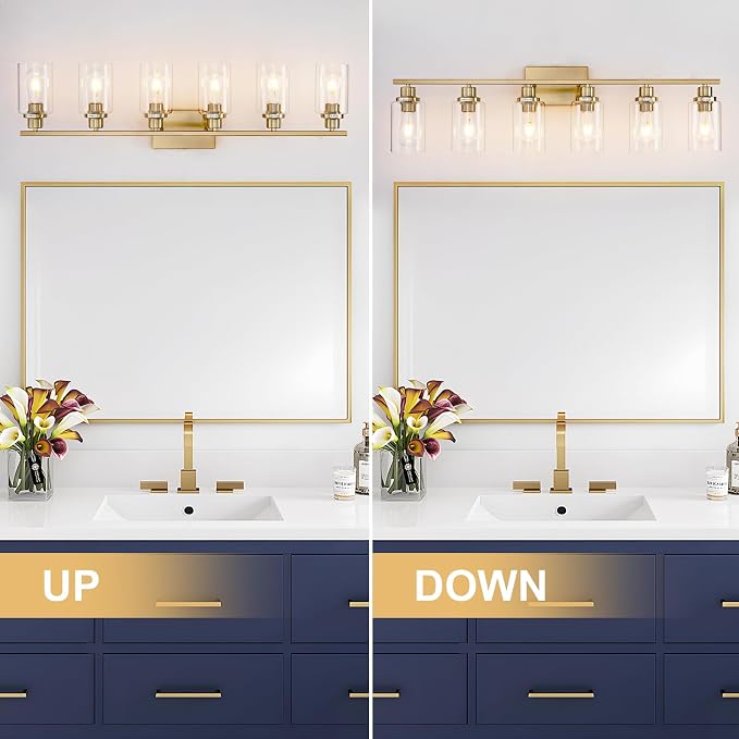 6 Light Gold Bathroom Light Fixtures Brushed Brass Vanity Light Over Mirror - Image 6