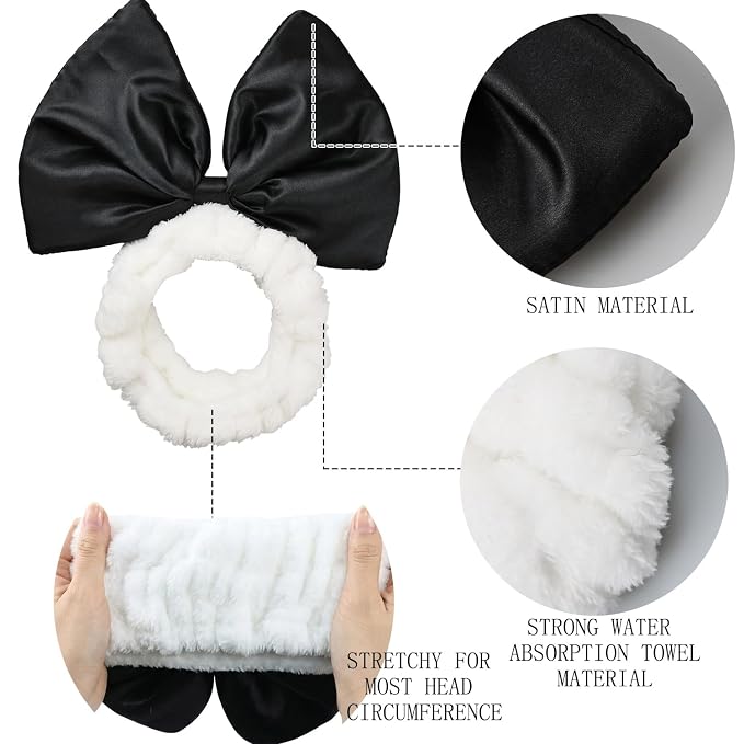 JIAHANG Large Bow Facial Spa Headband, Skincare Making Up Satin Bow Hairband - Image 5