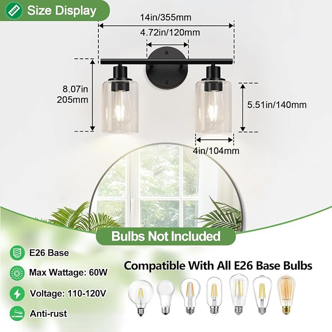 Zarbitta 2-Light Bathroom Light Fixtures, Bathroom Wall Lamp - Image 8