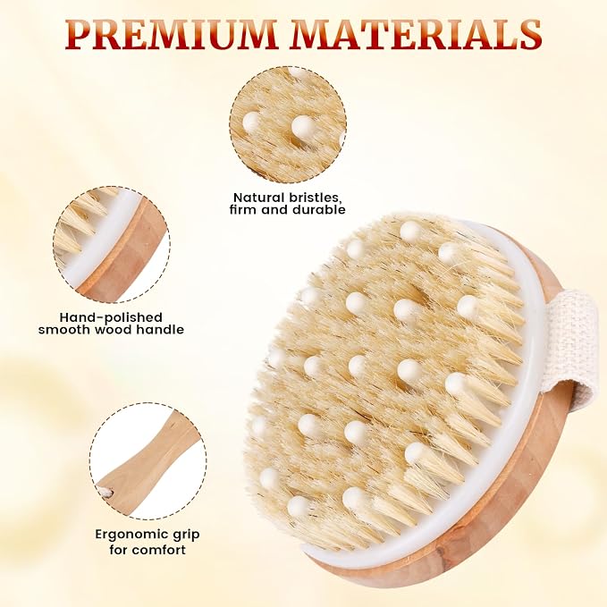 Dry Brush Set-4 Packs Natural Boar Bristle Dry Brushing Body Brush Exfoliating - Image 3