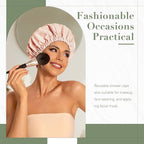 Reusable Shower Cap for Women, Large Waterproof Shower Bonnet Washable Elastic - Image 2