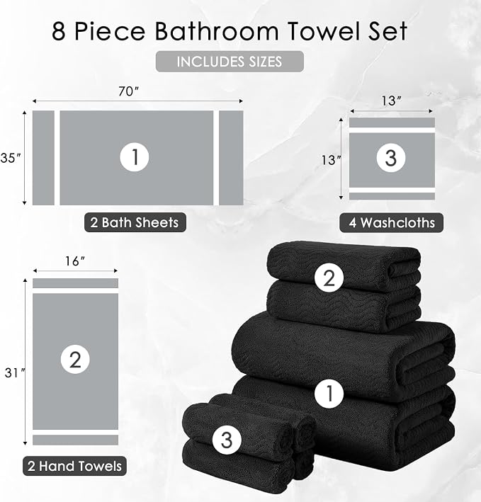 8 Piece Bath Towel Set Black|2 Oversized Large Bath Sheet, 2 Hand Towels - Image 5