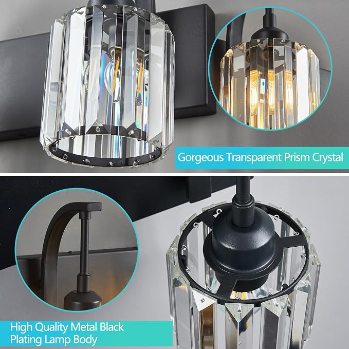 Bathroom Crystal Vanity Lights 2-Light Black Wall Lamp Modern Crystal Bathroom - Image 6