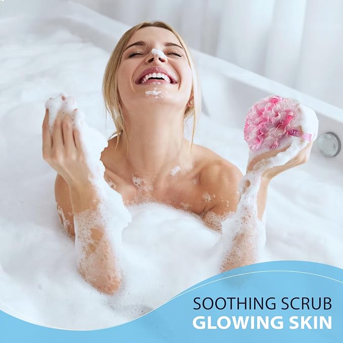 SHOWER BOUQUET Pink-Loofah-Bath-Sponge Lace-Mesh-Set // 2-Scrubs-in-1 // Large - Image 2