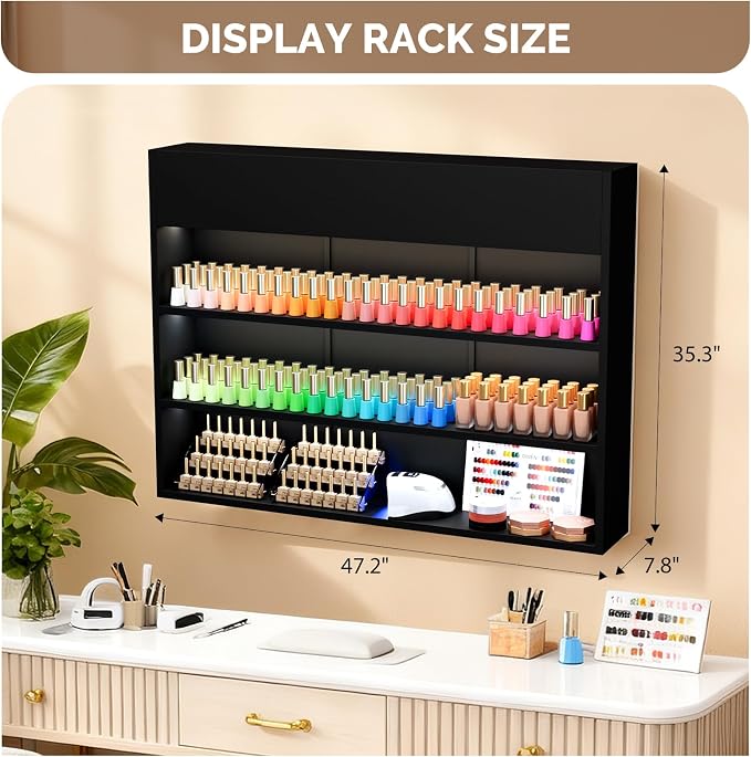 OmySalon Wall Mounted Display Rack, 47.6-Inch 3-Tier LED Nail Polish Organizer - Image 3