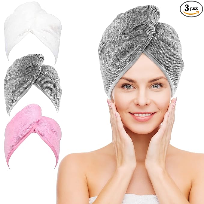 NEXCOVER Hair Towel Microfiber, 3 Pack White Grey Pink 9.8 inch X 25.5 inch by NEXCOVER