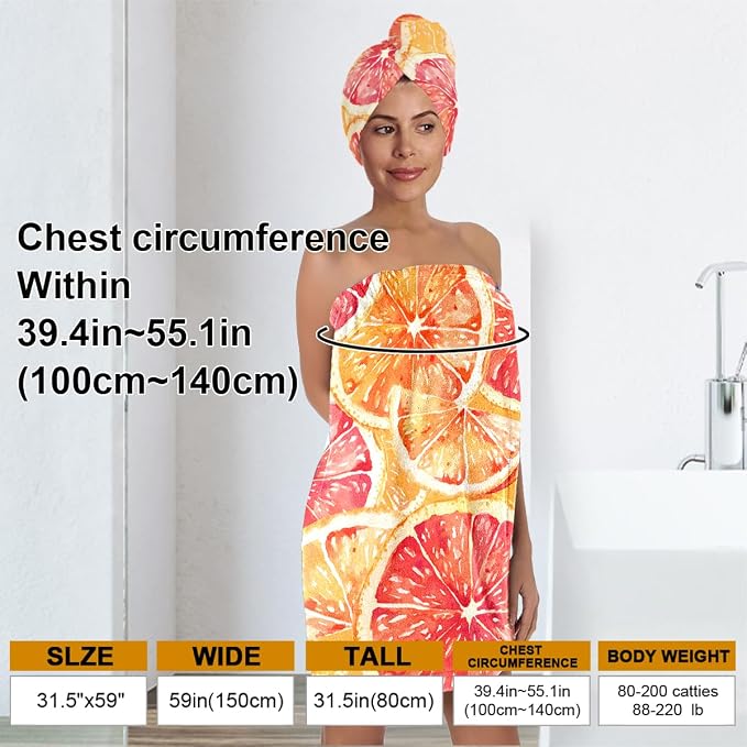 Citrus Print Bath Wrap and Hair Drying Towel Set – Microfiber Quick Dry Shower - Image 3