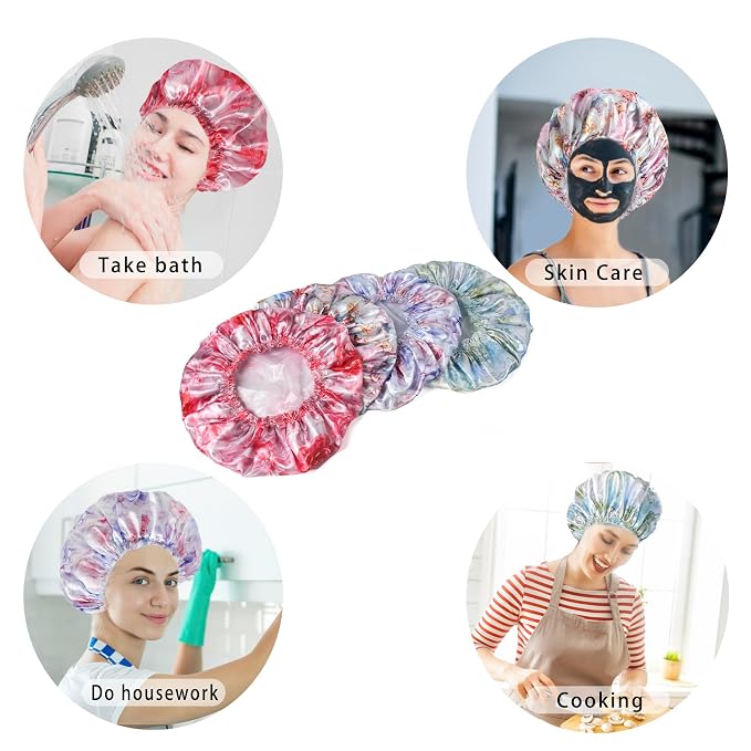 4 PCS Shower Caps for Women, Printing Bath Caps, Double Layers Shower Cap - Image 3